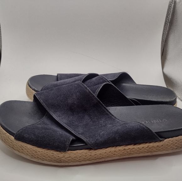 Vince Selene Suede Open Toe Crossover Strap Sandals 8 Navy Slide FF - Picture 5 of 11